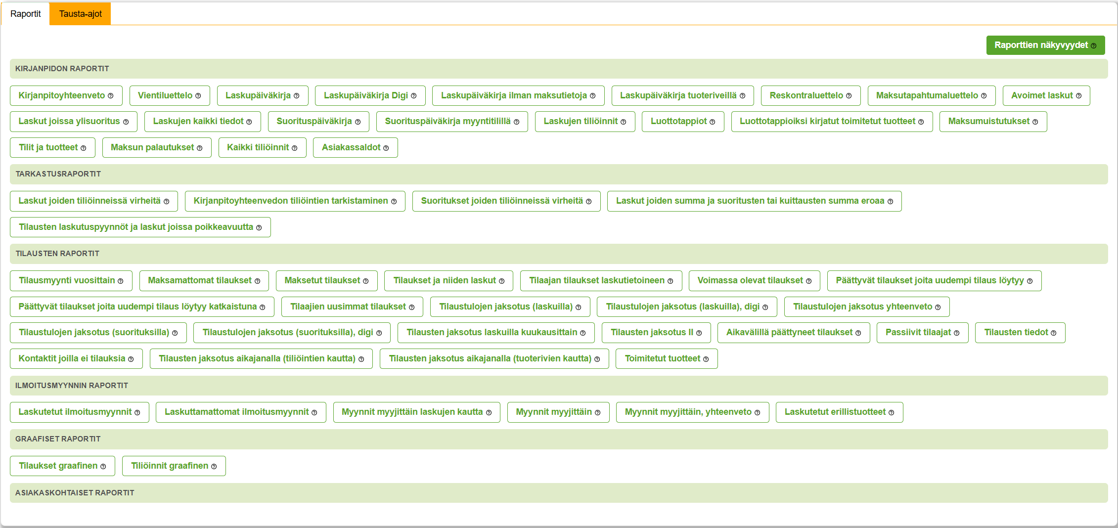 Raportit-välilehti TaikaTilaus-sovelluksessa